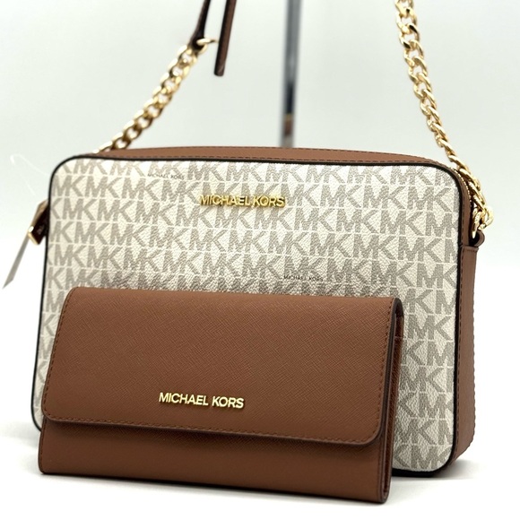 Michael Kors Large EW Crossbody Bag & Large Trifold Wallet Vanilla/Brown Set - Picture 3 of 11